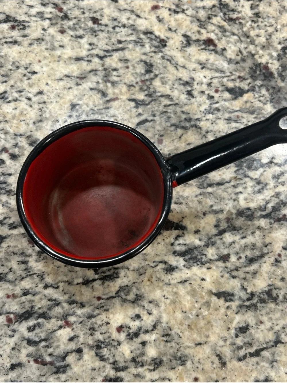 VINTAGE RED & BLACK ENAMELWARE MILK PAN OR BUTTER/CREAM WARMING POT- 4